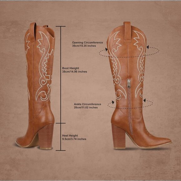 Women's Light Brown Wide Calf Chunky Knee High Heels Embroidered Western Boots - Picture 4 of 7